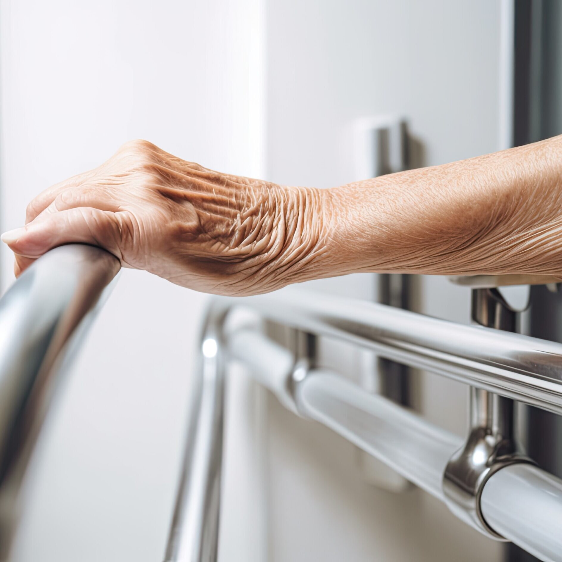 Senior or elderly woman using a bathroomhandle for security