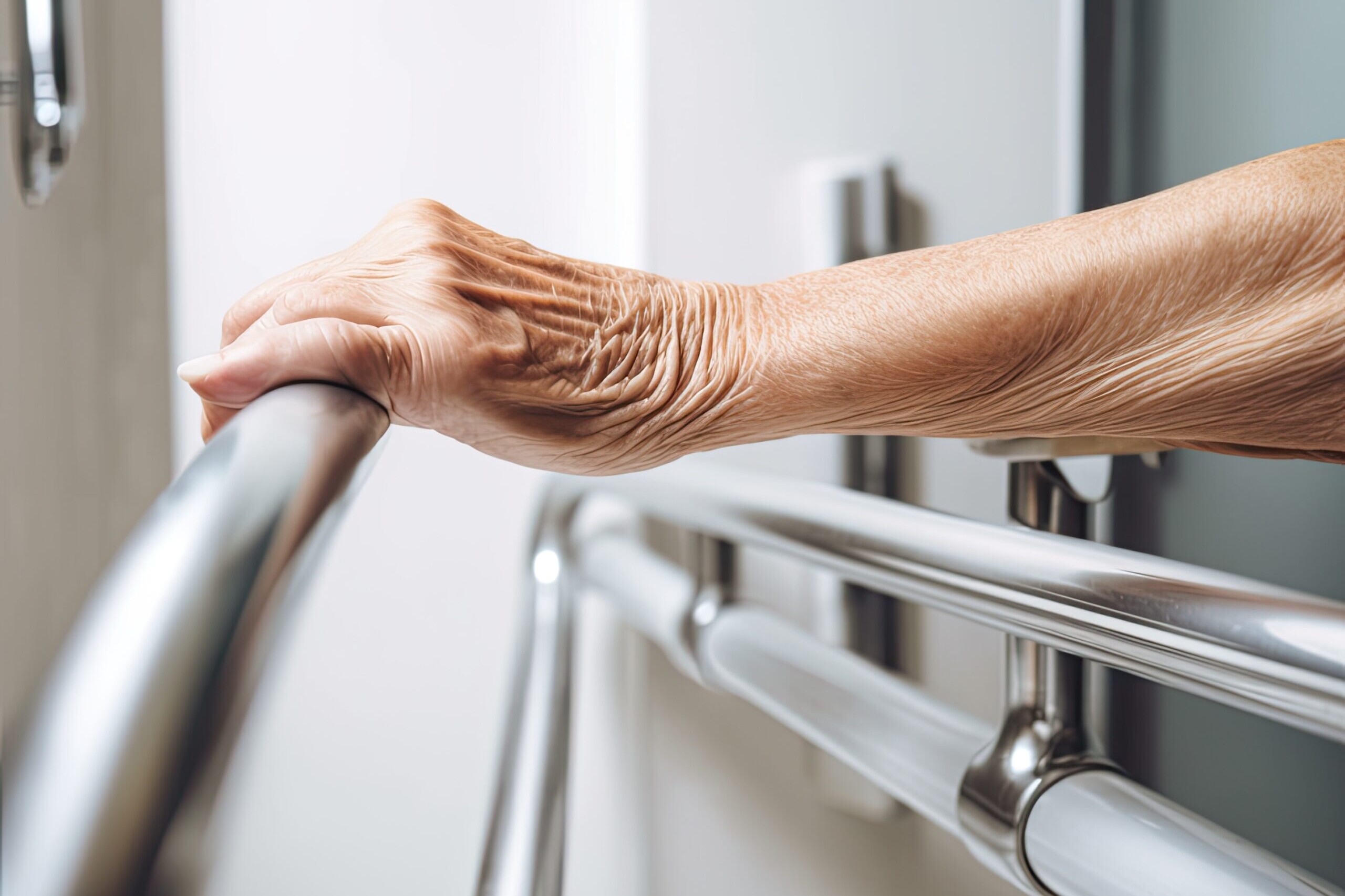 Senior or elderly woman using a bathroom handle for security