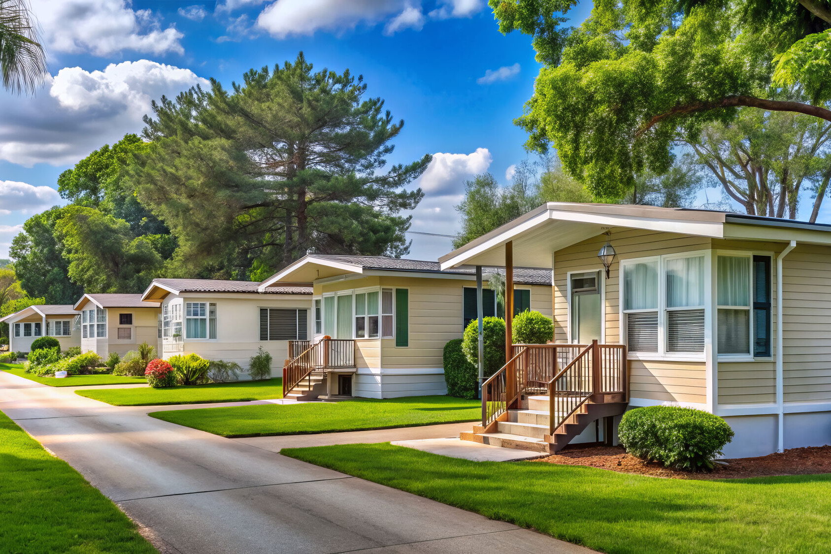 Serene row of tidy residential mobile homes with pitched roofs, trim lawns, and quaint porches, nestled among mature trees in a peaceful mobile home park.